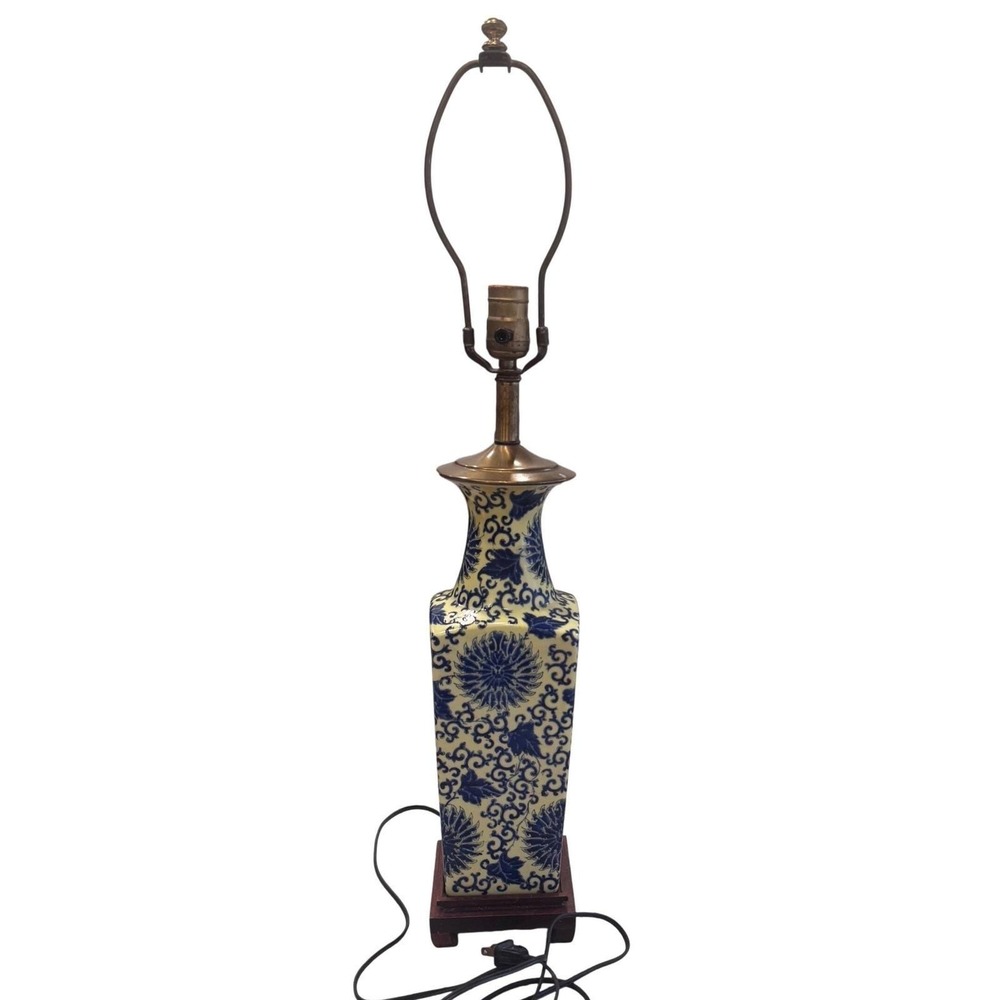 Vintage Blue Yellow Chinoiserie Porcelain Oriental Asian Decor Table Lamp EUC